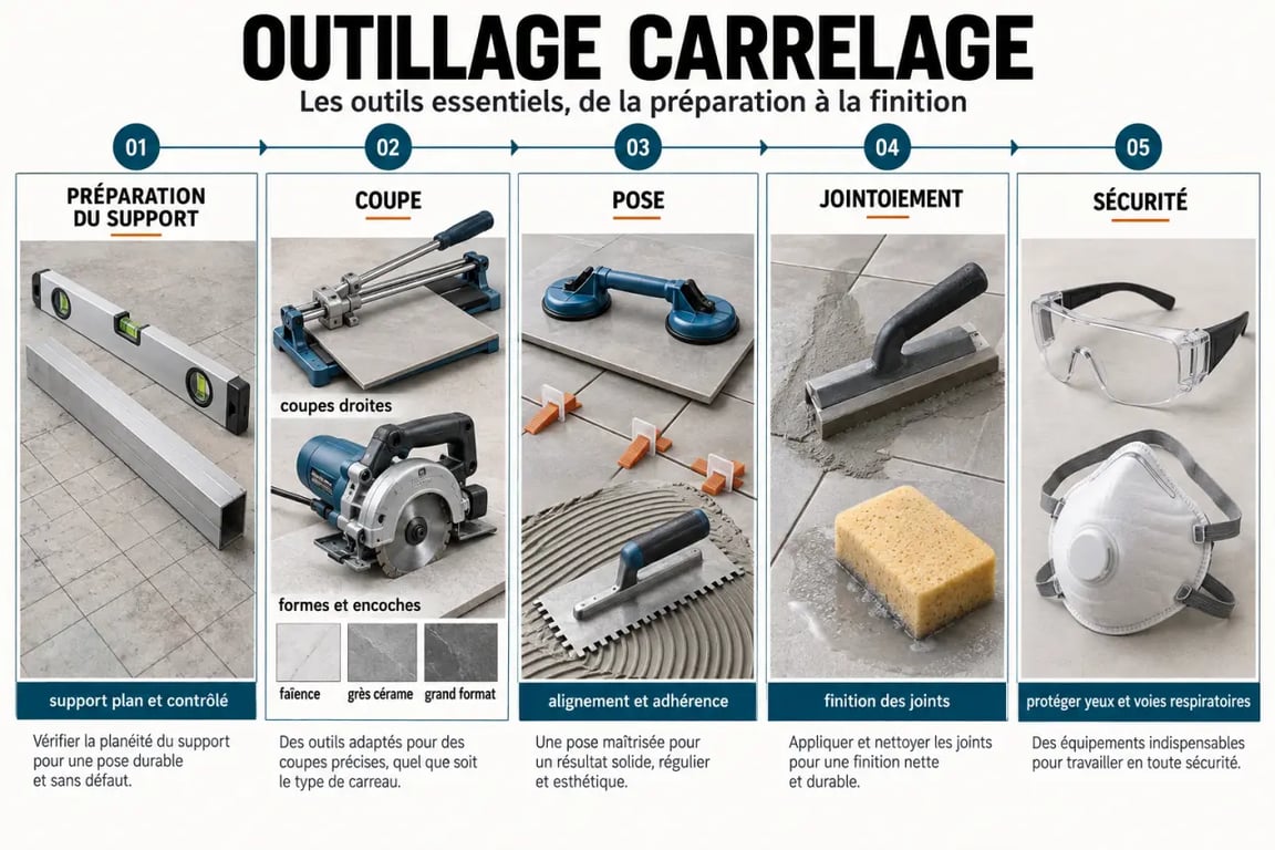 Outillage carrelage organisé par étape de chantier, du matériel de coupe aux outils de pose et de finition