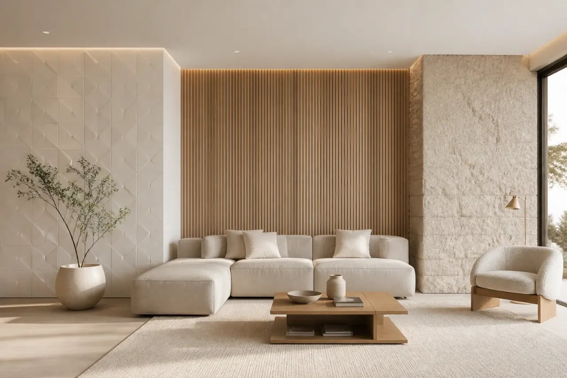 Panneaux muraux décoratifs intérieurs : exemples de styles 3D, bois et matière naturelle