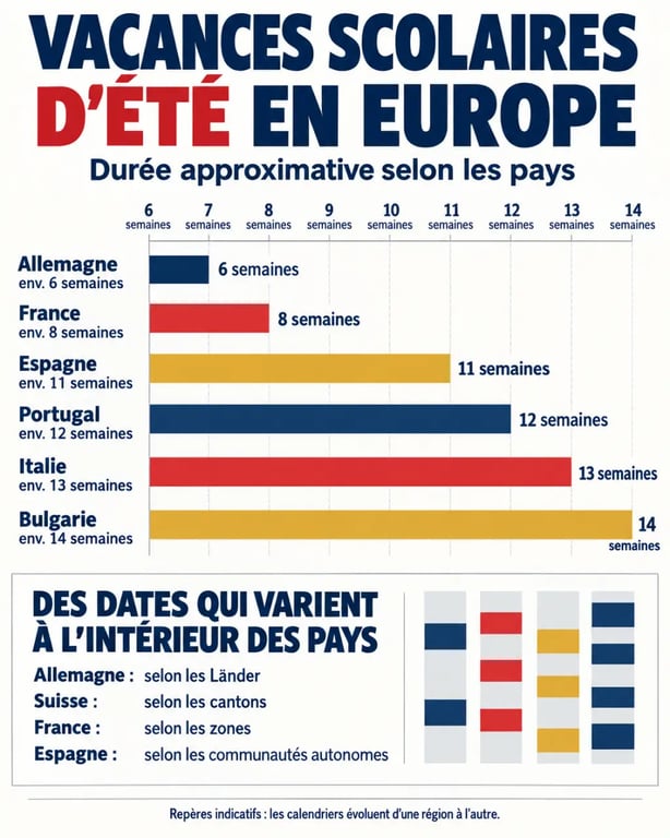 Infographie comparative des vacances scolaires en Europe et de la durée des vacances d’été