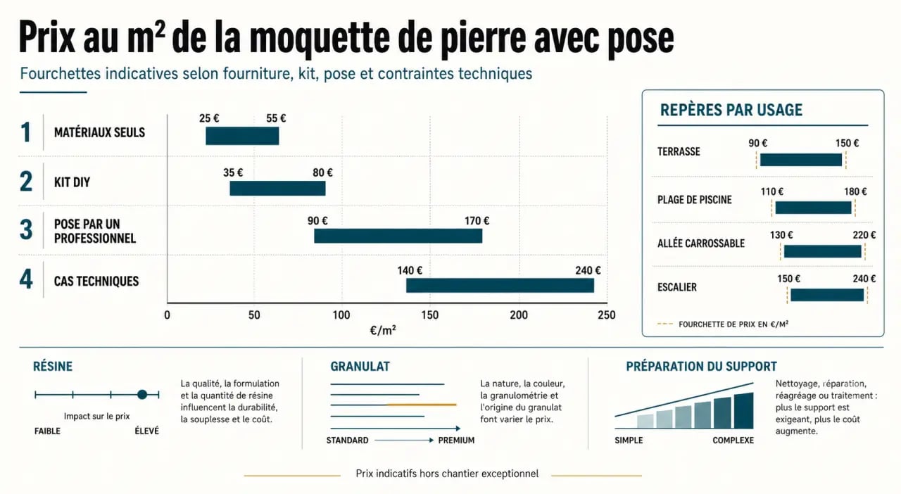 Moquette de pierre prix m2 pose : comparaison visuelle des fourchettes de prix au m² selon l’usage et la pose