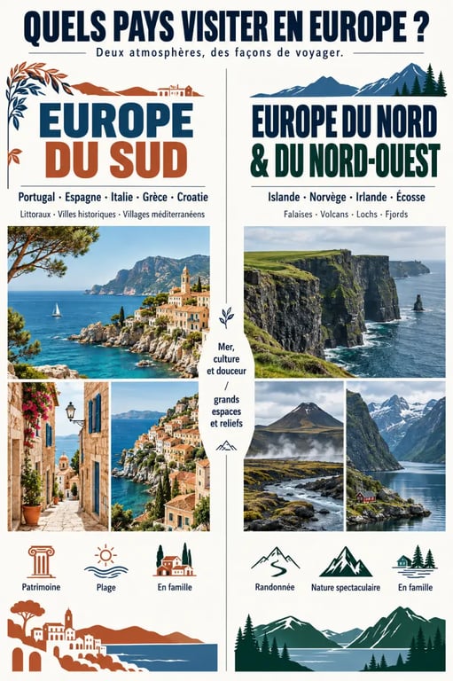 Infographie sur les pays à visiter en Europe selon les paysages, activités et styles de séjour
