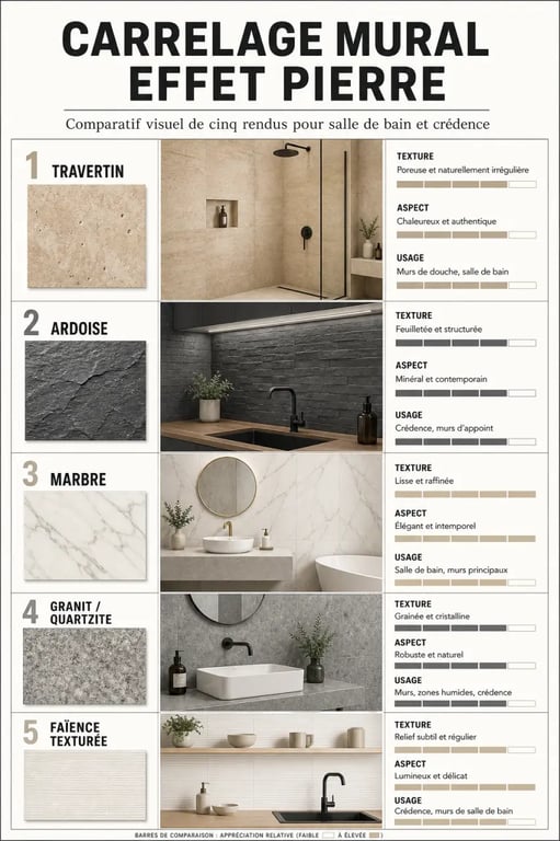 Carrelage mural effet pierre : comparatif des rendus travertin, ardoise, marbre et granit