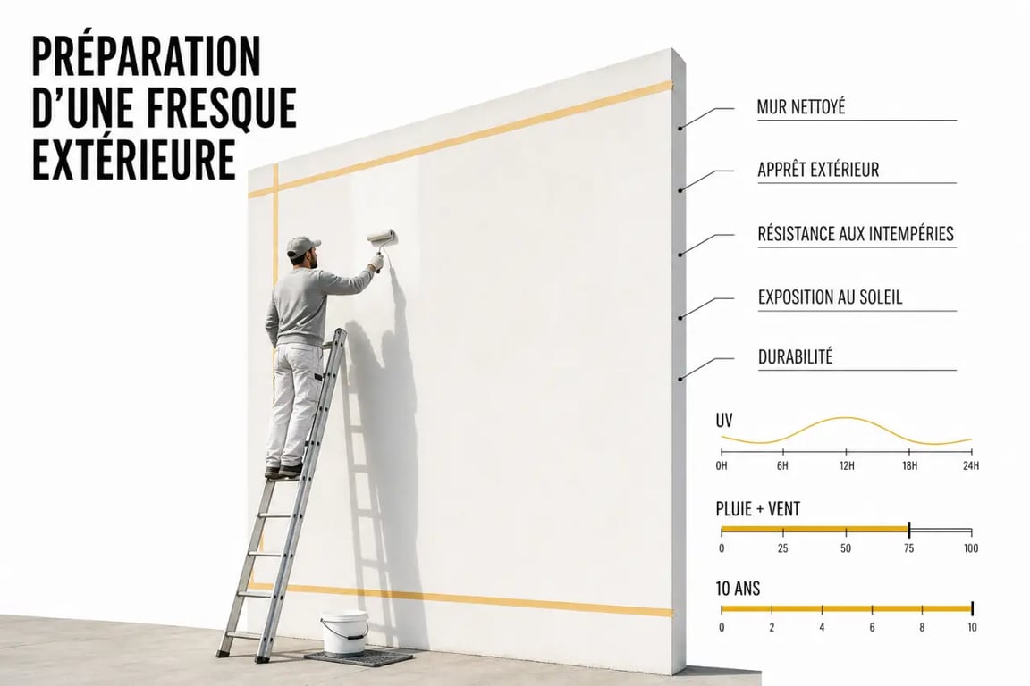Préparation technique d’une fresque murale extérieur avant peinture sur support exposé