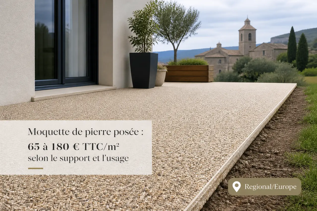 Moquette de pierre posée : 65 à 180 € TTC/m² selon le support et l’usage