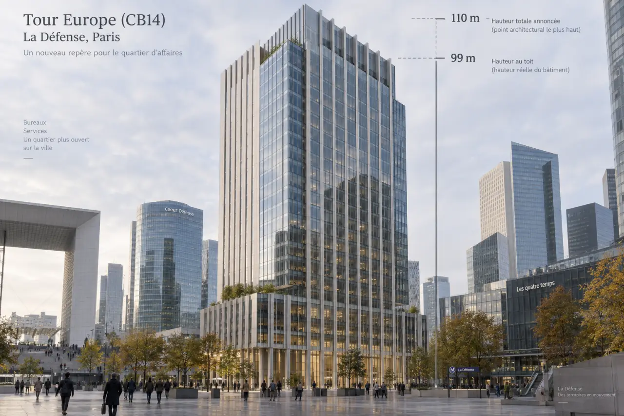 Tour Europe CB14 à La Défense : 99 m au toit, 110 m annoncés, quelle hauteur retenir ?