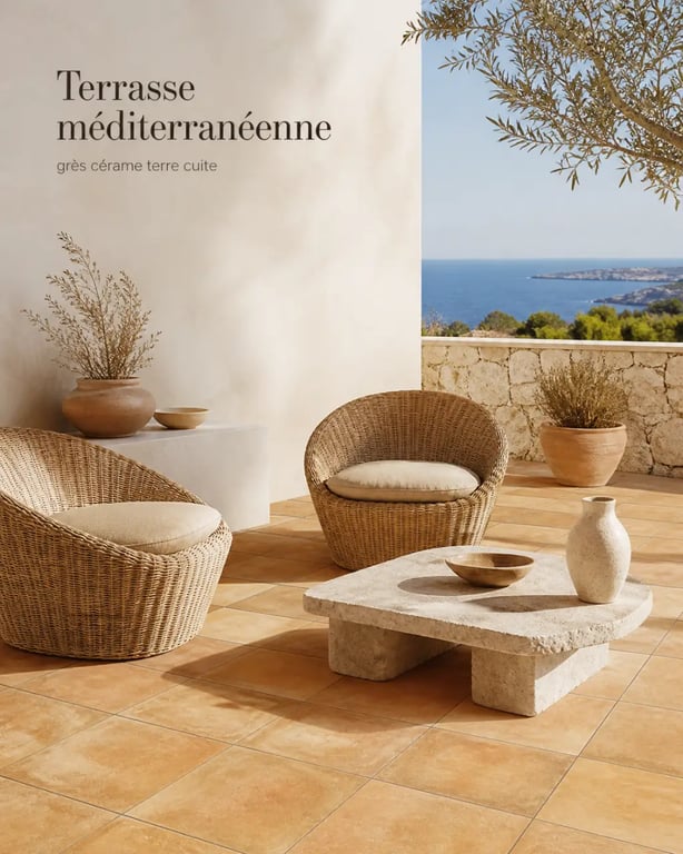 Terrasse extérieure avec carrelage provençal en grès cérame aspect terre cuite