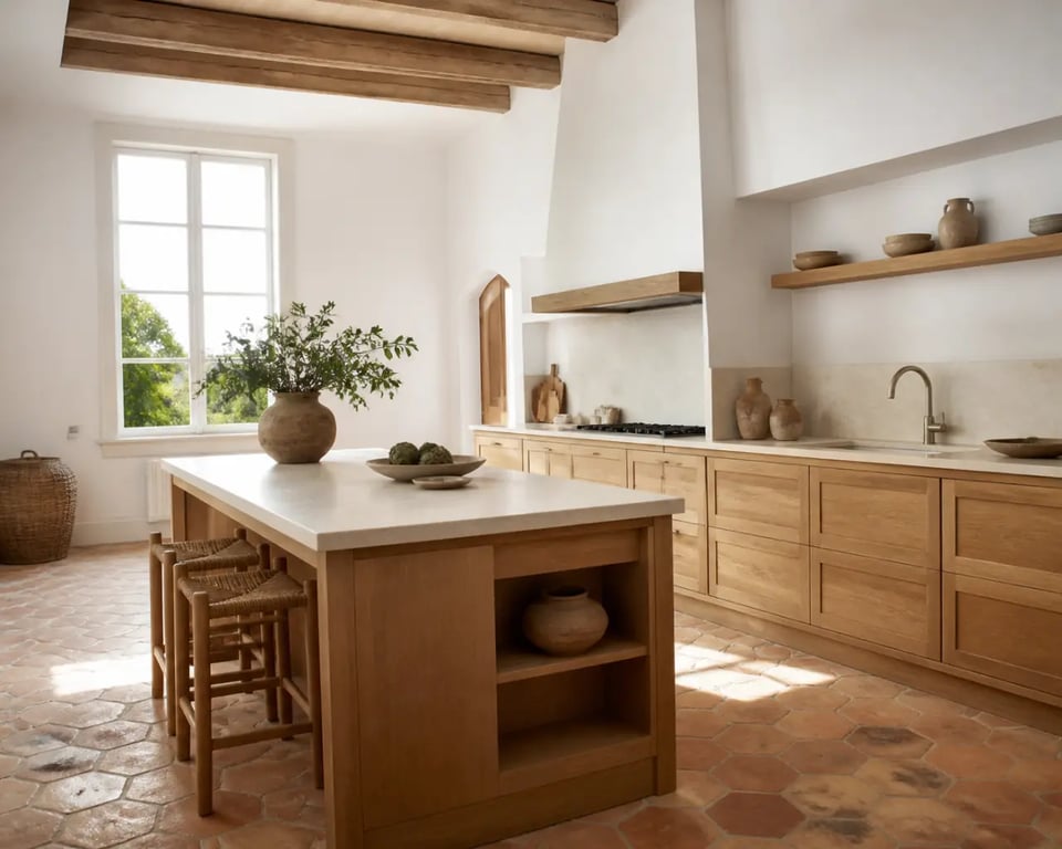 Cuisine lumineuse avec carrelage provençal en tomettes terre cuite