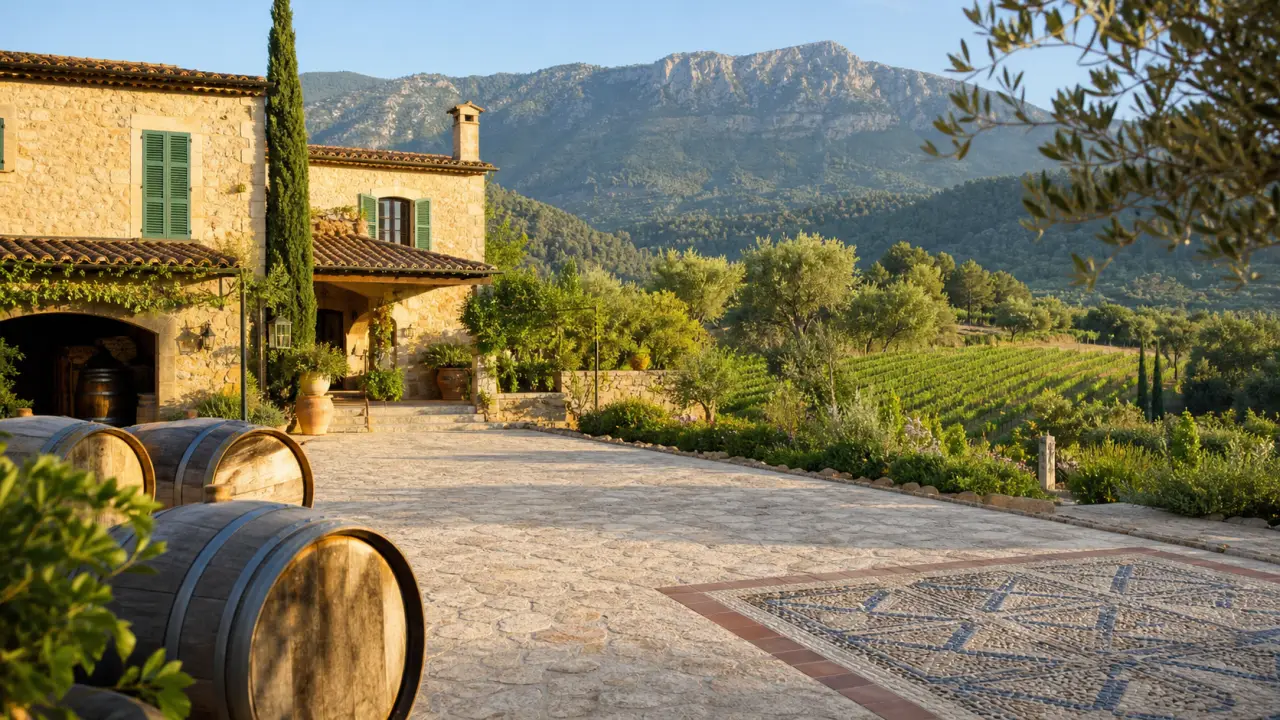 Vue artistique et lumineuse d'une escapade à Majorque entre pierre blonde, vignes et maison de maître