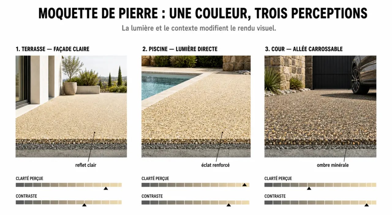Comparaison du rendu d’une moquette de pierre couleur sur terrasse, piscine et allée