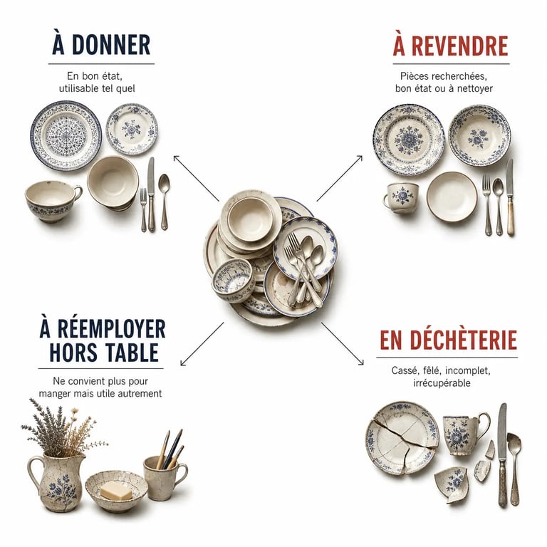 économie circulaire recyclé d'ancienne vaisselle : tri visuel des assiettes, tasses et couverts selon leur état