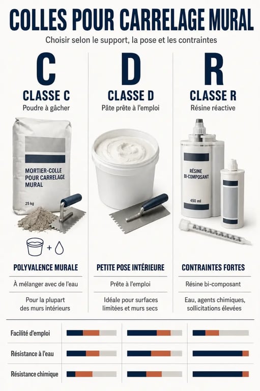 Infographie comparative des familles de colle pour carrelage mural C, D et R