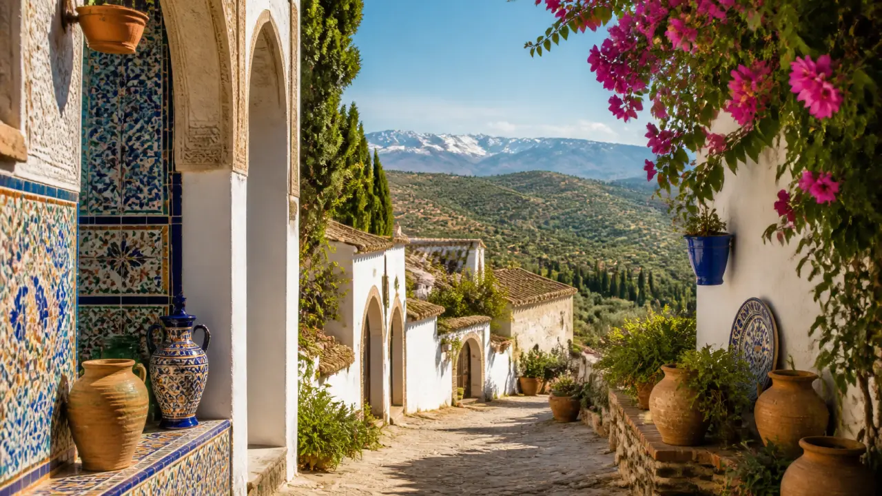 Vue artistique et lumineuse d’un voyage en Andalousie, entre textures de terre cuite, azulejos et pierre ancienne