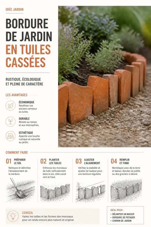 Valorisation des tuiles cassées en bordure de massif au jardin