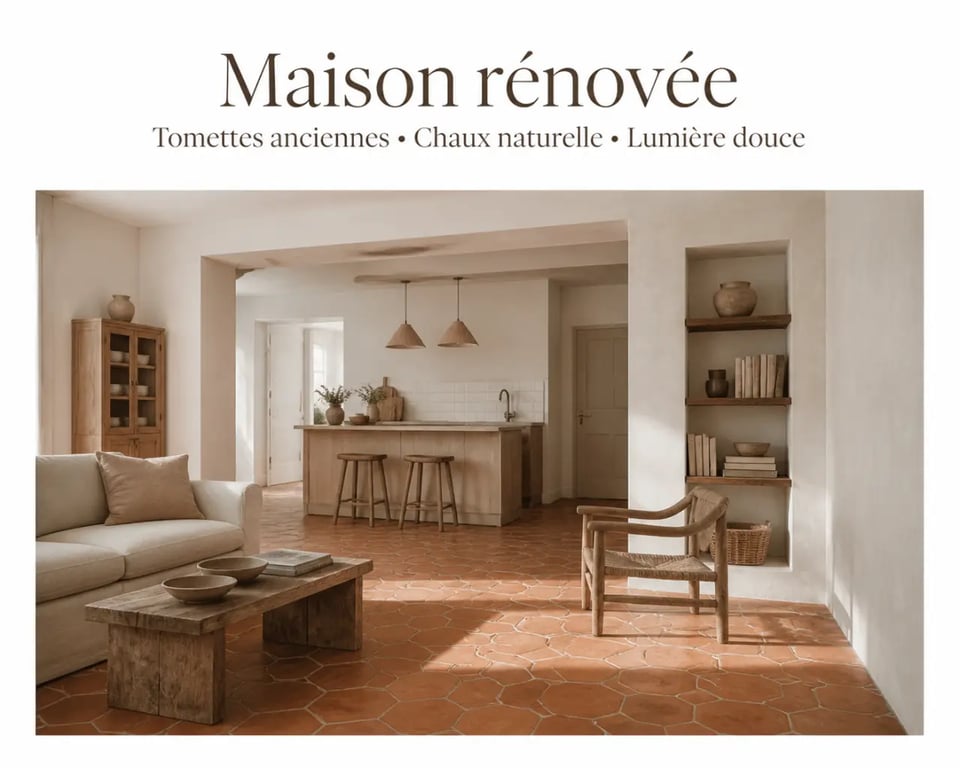 Anciennes tomettes dans un intérieur rénové lumineux