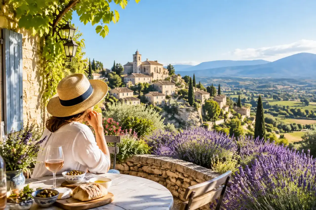 Paysage de Provence avec des champs de lavande, des oliviers et un vieux mas en pierre sous une lumière dorée