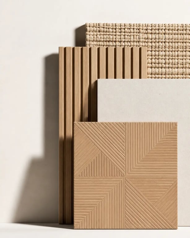 Zoom matière des panneaux muraux décoratifs intérieurs avec relief, bois et texture naturelle