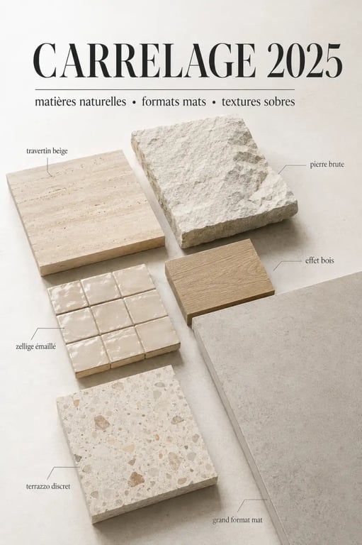 Carrelage tendance 2025 en moodboard avec travertin, zellige, terrazzo et grands formats