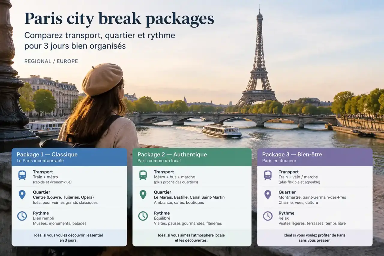Paris city break packages : comparez transport, quartier et rythme pour 3 jours bien organisés