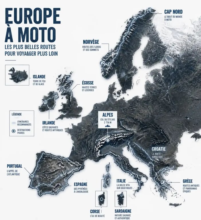 Carte des destinations de voyage moto en Europe : Irlande, Écosse, Norvège, Alpes, Italie, Espagne, Croatie et Islande