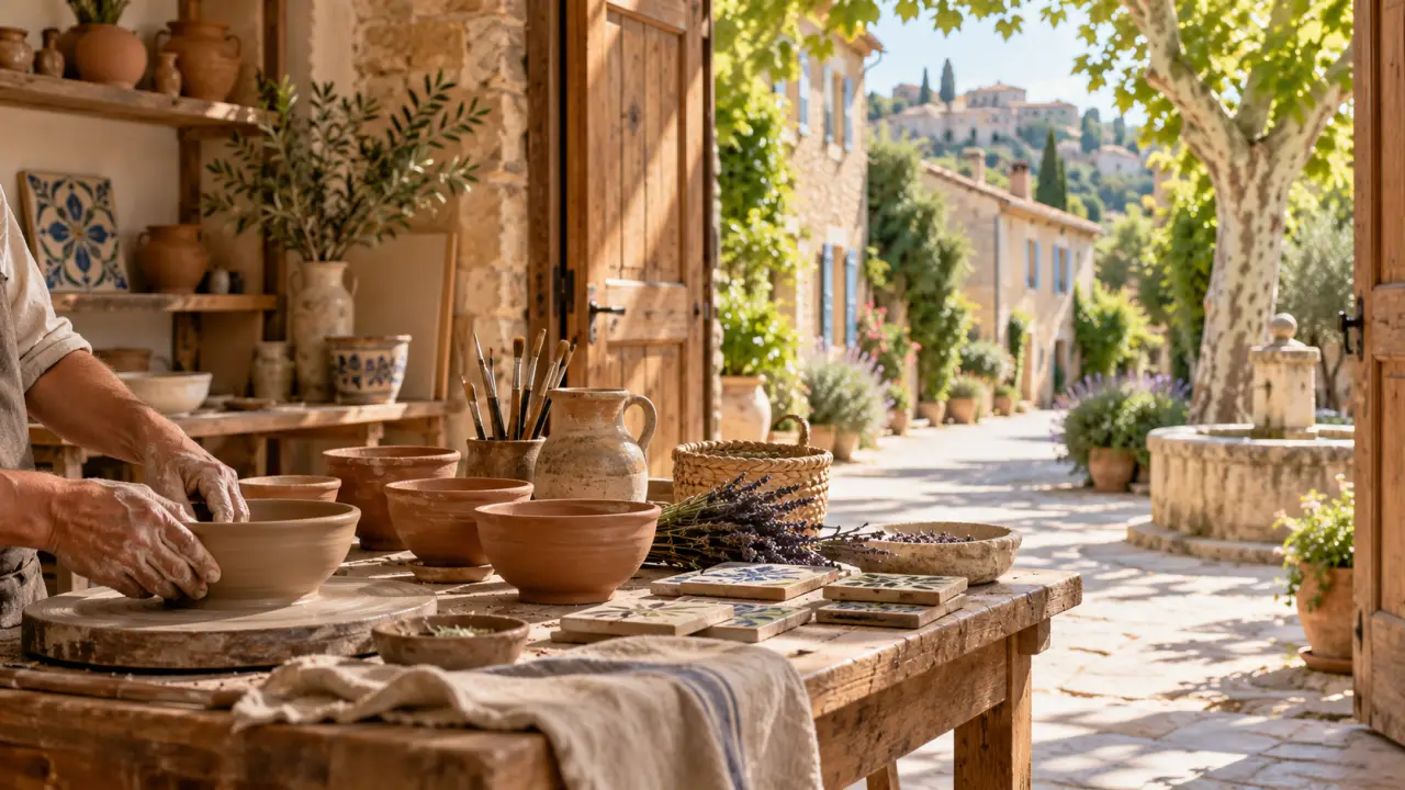 Atelier d'artisan en Provence baigné de lumière, entre argile, bois et tissus colorés