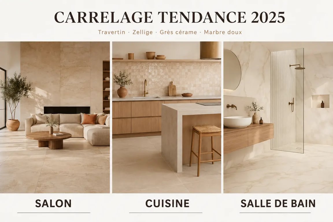 Carrelage tendance 2025 en salon, cuisine et salle de bain avec effets travertin, zellige et marbre doux