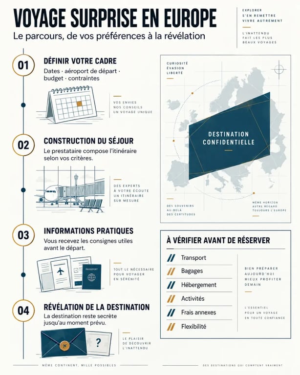 Infographie sur le voyage surprise en Europe, de la réservation à la révélation de la destination