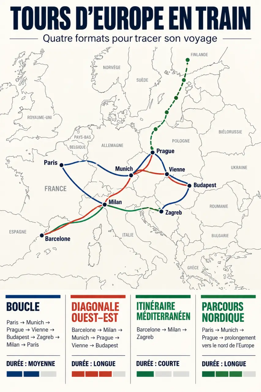 Infographie des itinéraires possibles pour un tour d’Europe en train