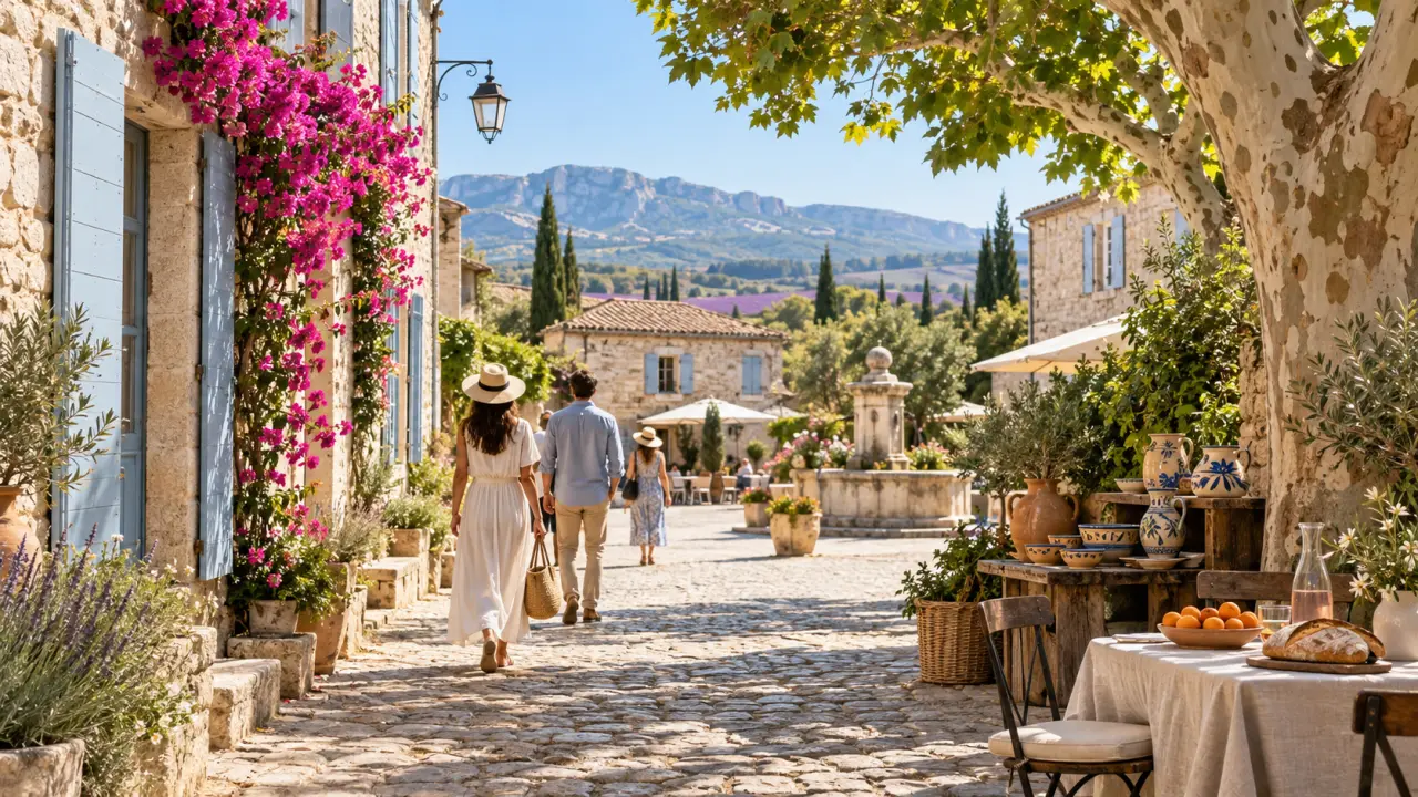 Paysage culturel de Provence entre village ancien, oliviers et lumière dorée