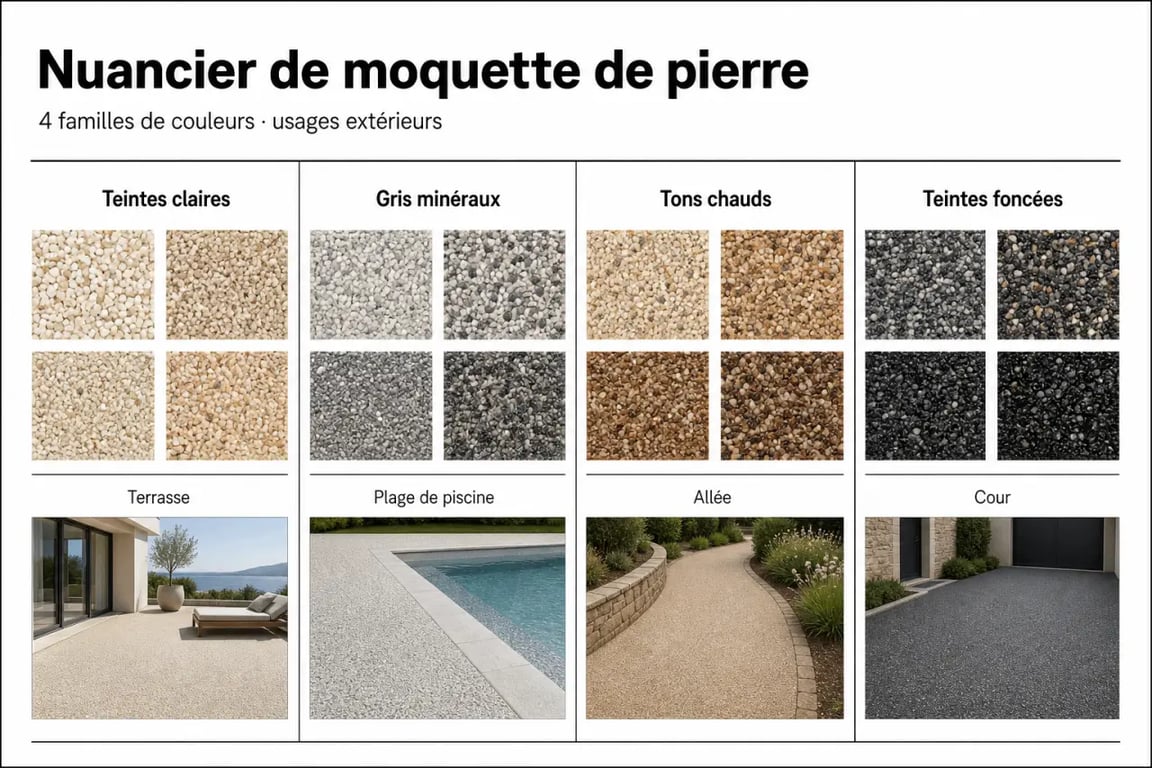 Nuancier de moquette de pierre couleur avec teintes claires, grises, chaudes et foncées