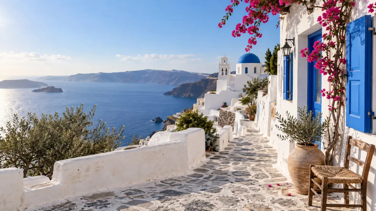 Village des Cyclades hors saison, entre maisons blanches, mer et lumière douce