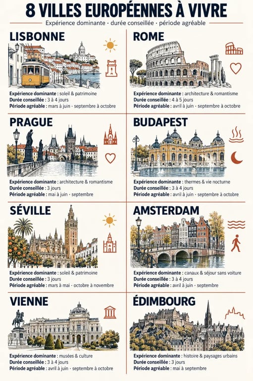 Infographie des villes à visiter en Europe selon l'ambiance, la durée et la saison