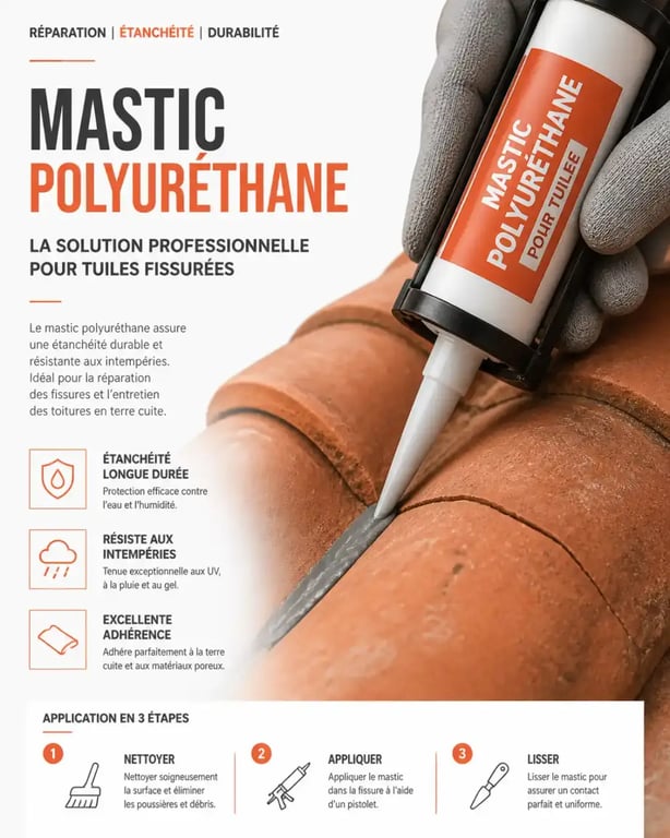 Réparation d'une tuile cassée avec du mastic polyuréthane pour assurer l'étanchéité