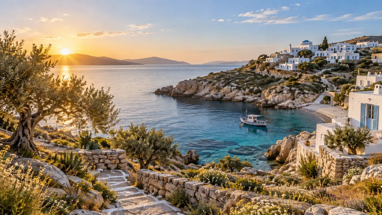 Village blanc des Cyclades face à la mer Égée dans une lumière douce