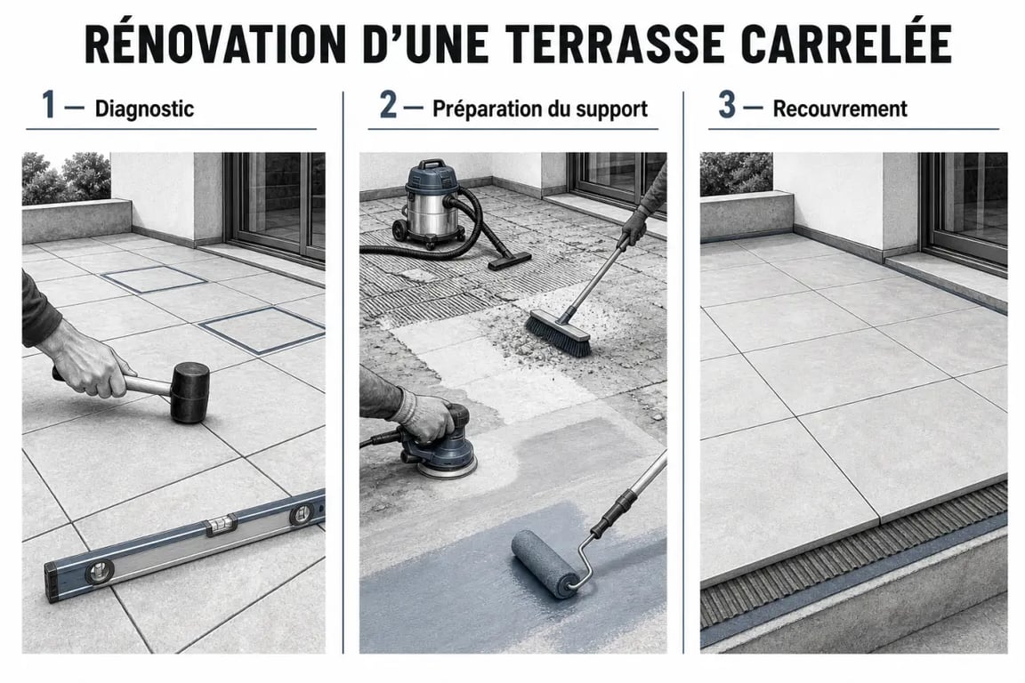 Rénovation terrasse carrelage : schéma des étapes de diagnostic, préparation et recouvrement