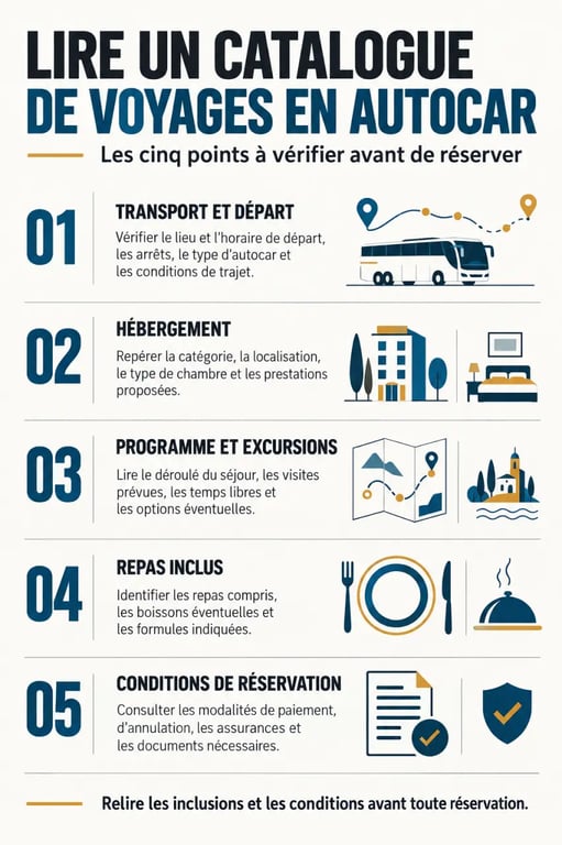 Infographie pour comparer un catalogue de voyages en autocar selon le transport, l’hébergement, le programme, les repas et les conditions
