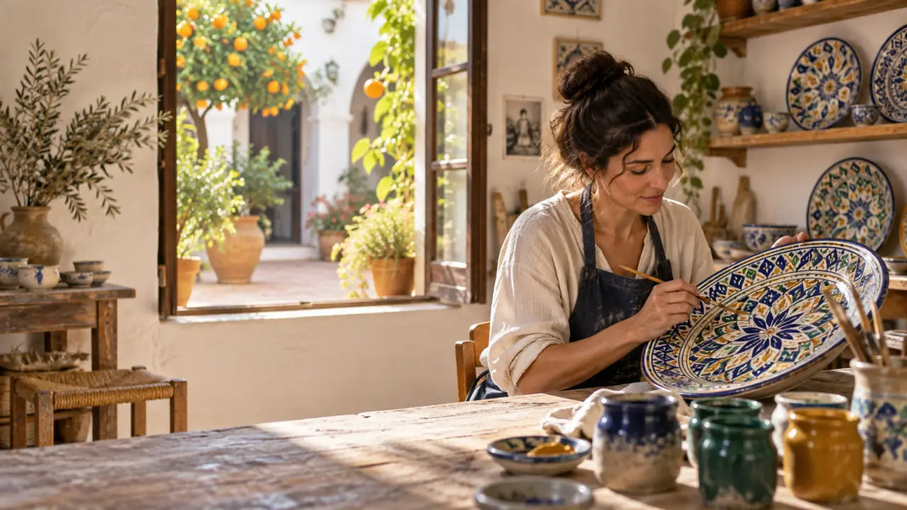 Atelier artisanal andalou aux couleurs de la terre cuite et des azulejos