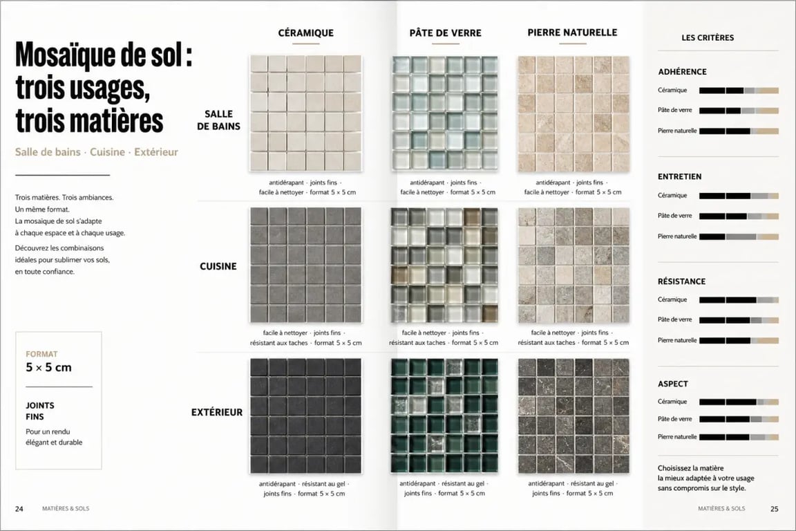 Comparatif visuel du carrelage mosaique sol en salle de bains, cuisine et extérieur