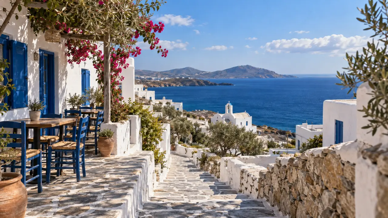 Village des Cyclades baigné par la lumière douce de l'arrière-saison