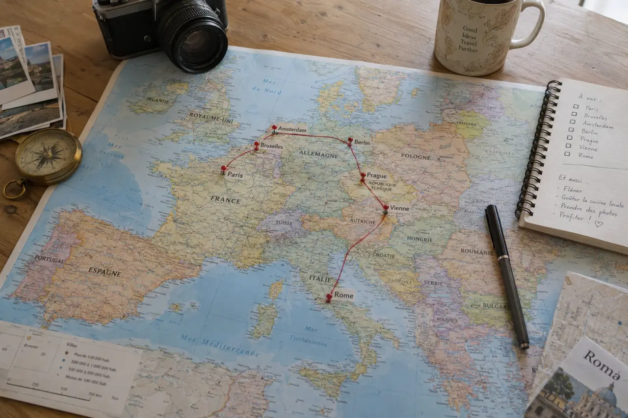 Une carte touristique de l’Europe aide à construire un itinéraire réaliste