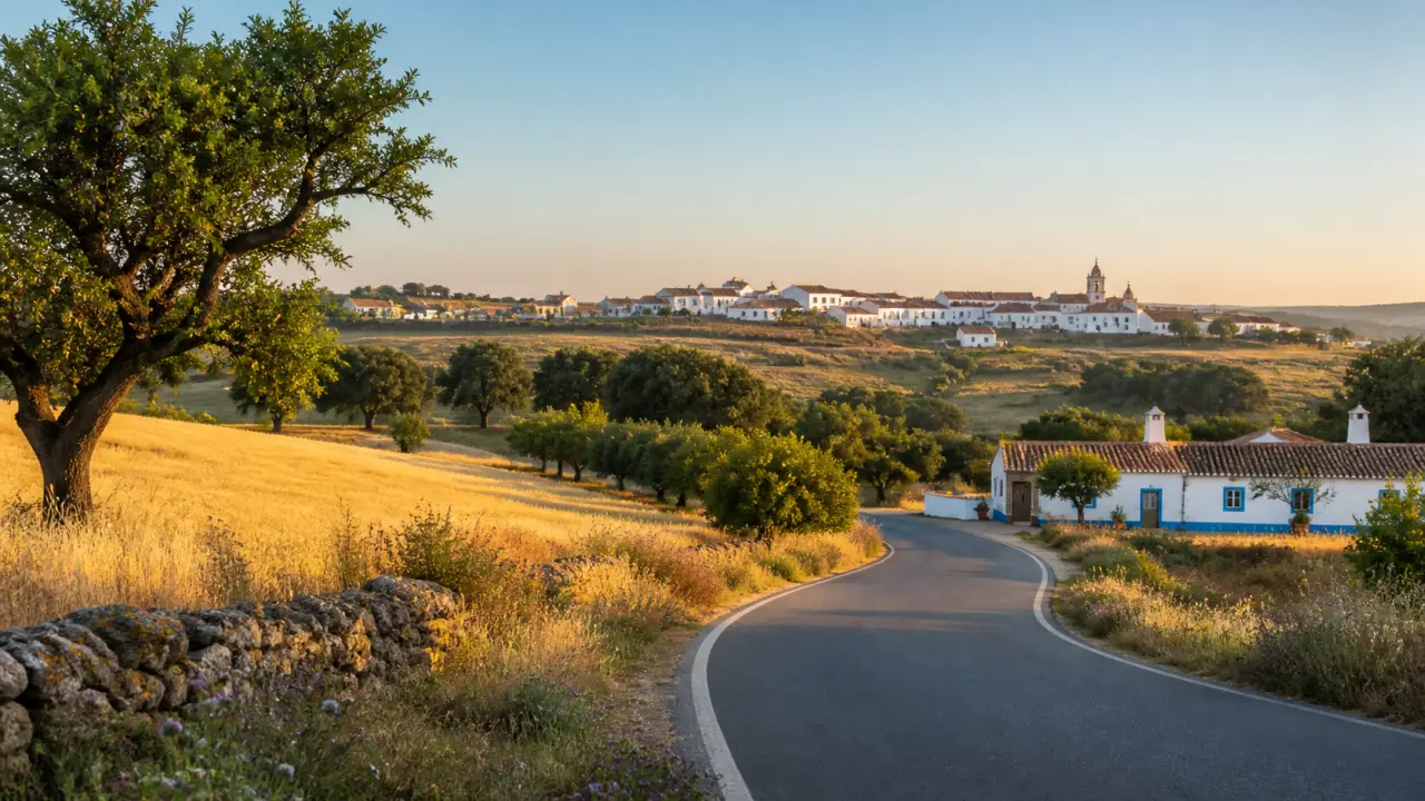 Paysage matinal de l’Alentejo, lumière douce sur les collines, les oliviers et les villages blanchis à la chaux
