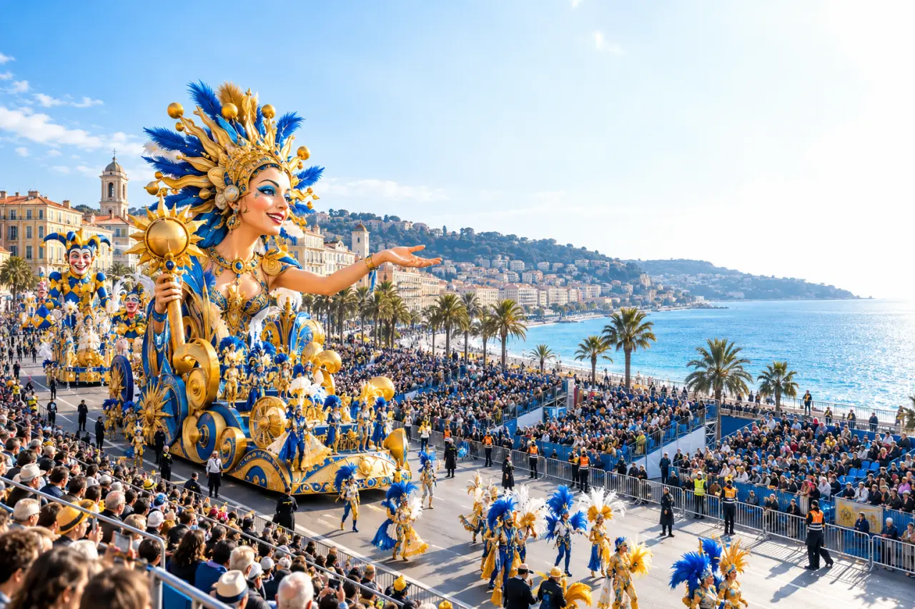 Carnaval de Nice en autocar avec chars et tribunes de spectateurs