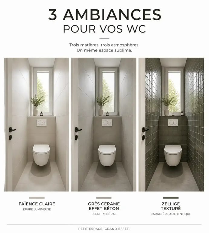 Carrelage mural pour wc : trois ambiances décoratives en petit espace avec faïence claire, effet béton et zellige