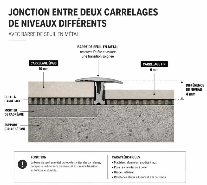 Schéma technique de jonction entre 2 carrelages différents avec profilé de transition