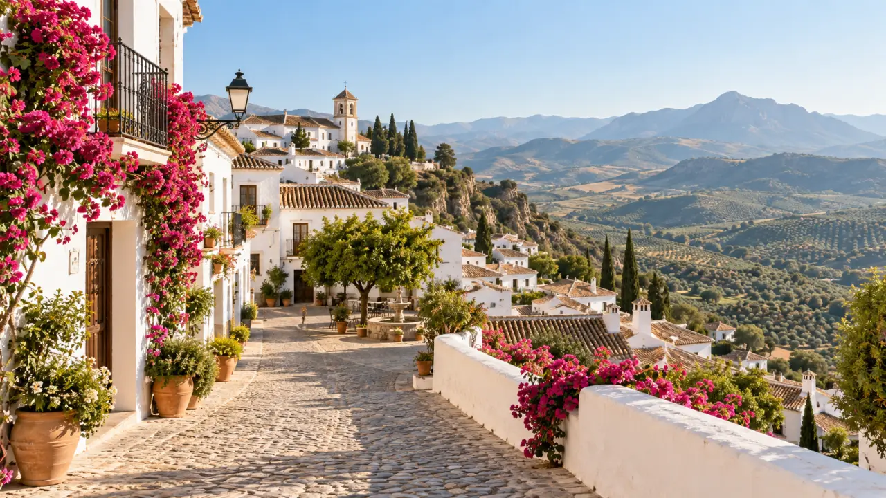 Village blanc d’Andalousie accroché aux montagnes, baigné par une lumière dorée