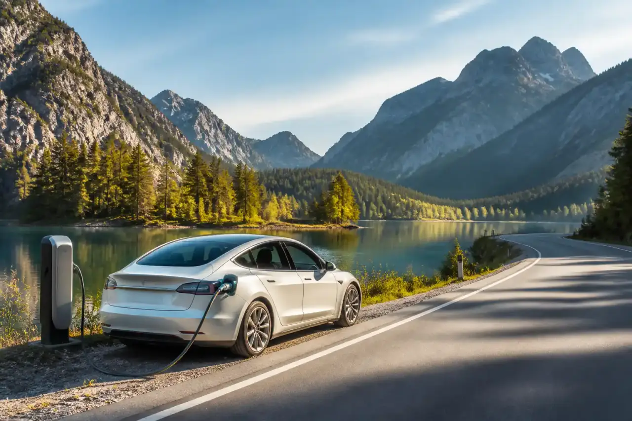 Une voiture électrique sur une route panoramique bordée de lavandes en Provence