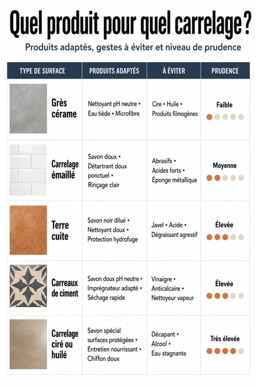 Décapage sol carrelage : tableau comparatif des produits selon le type de carrelage