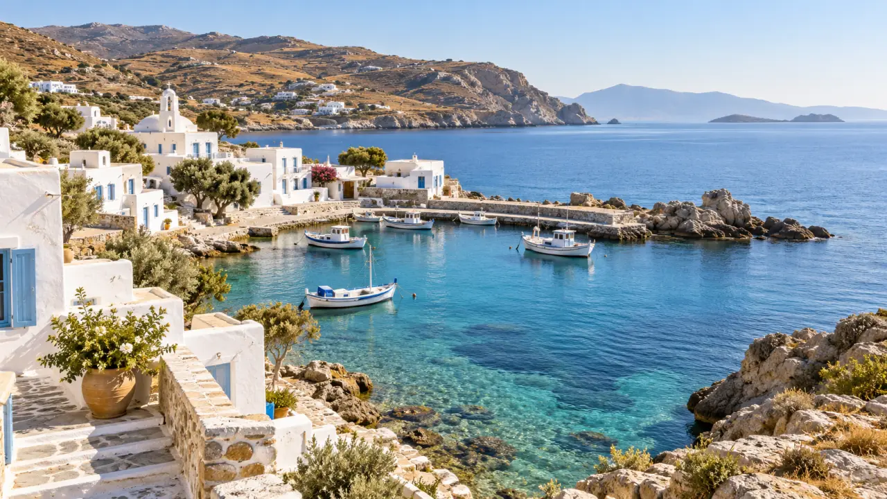 Village blanc des Cyclades face à la mer Égée au coucher du soleil