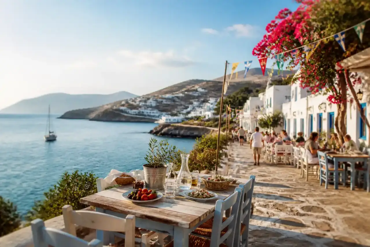 Vue artistique et lumineuse des Cyclades, entre mer, pierre blanche et lumière méditerranéenne