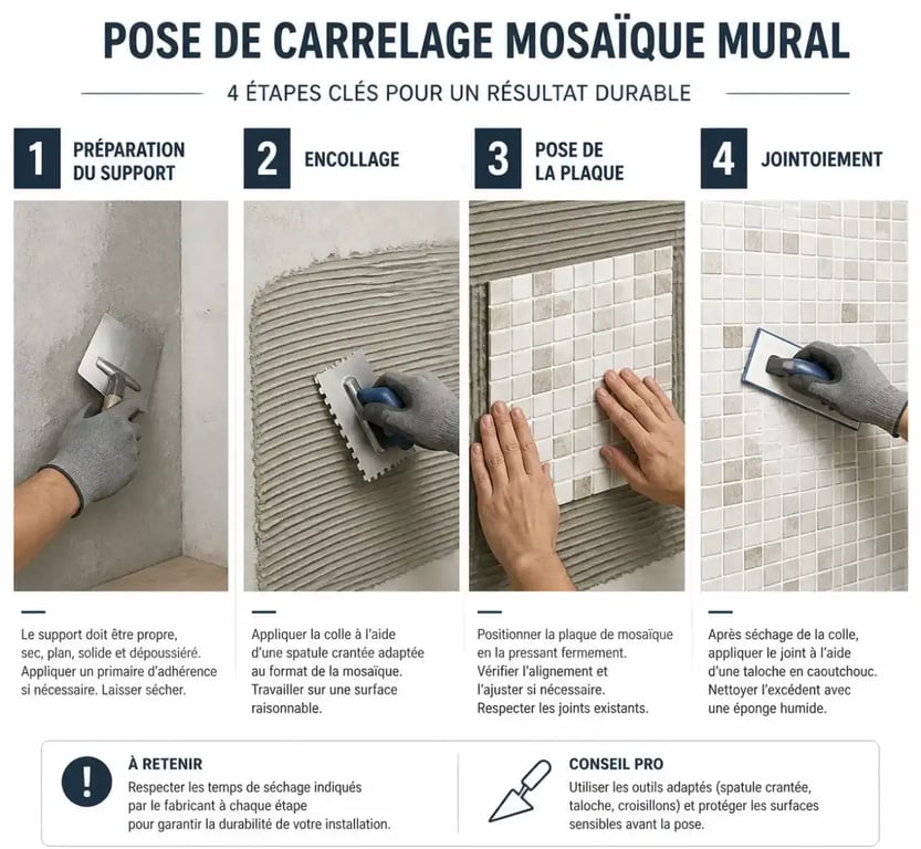 Étapes de pose de carrelage mosaïque mural